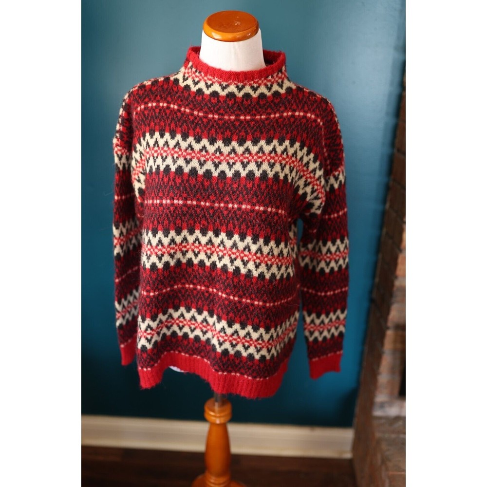 Chaps Cowl Neck Red, White & Black Geometric Wool Blend Sweater Sz L
